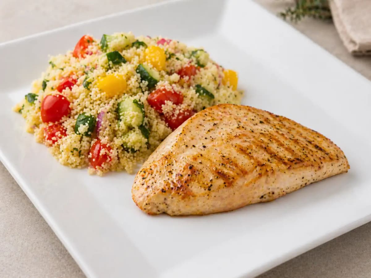 Alufóliában sült csirkemell kuszkuszsalátával, joghurt recept – egészséges étel fotója