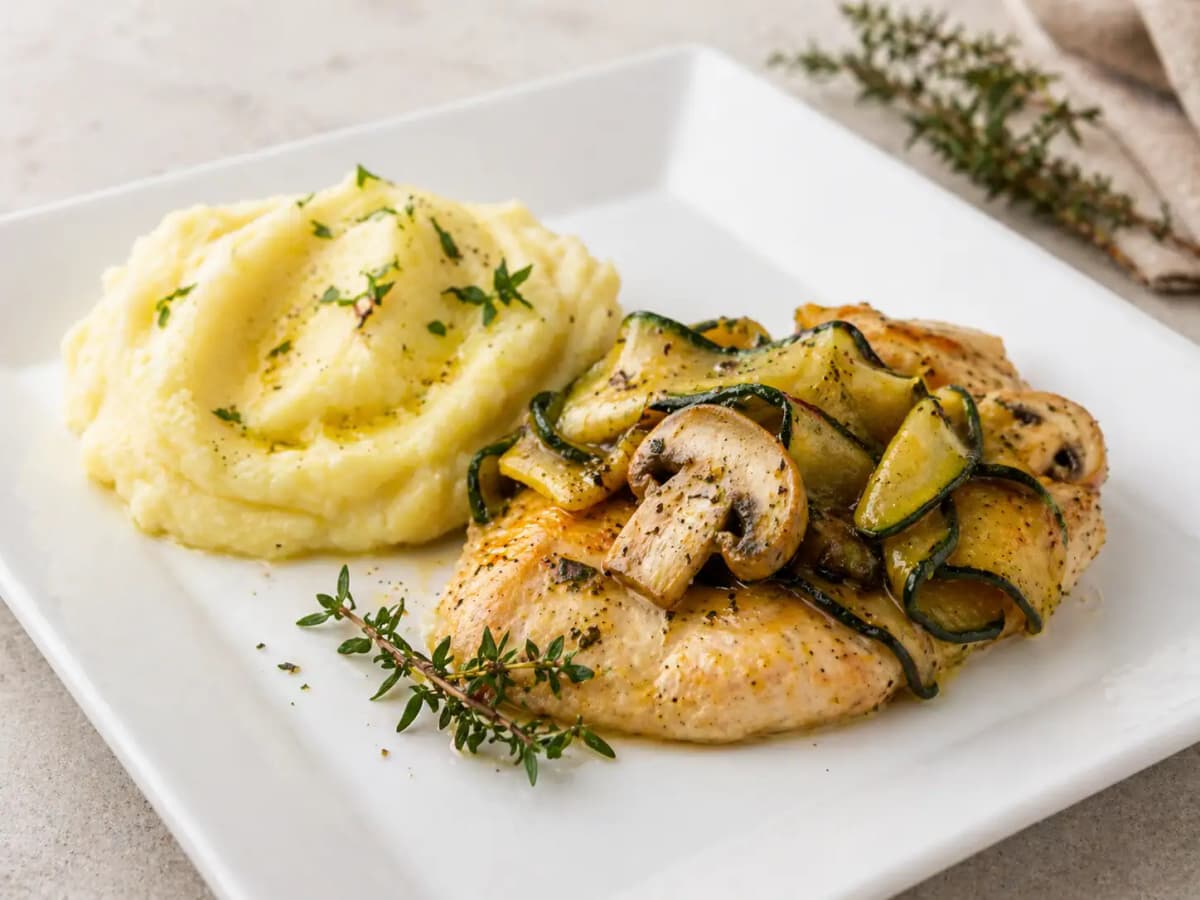 Alufóliában sült csirkemell sütl zöldségekkel és krumplipürével recept – egészséges étel fotója